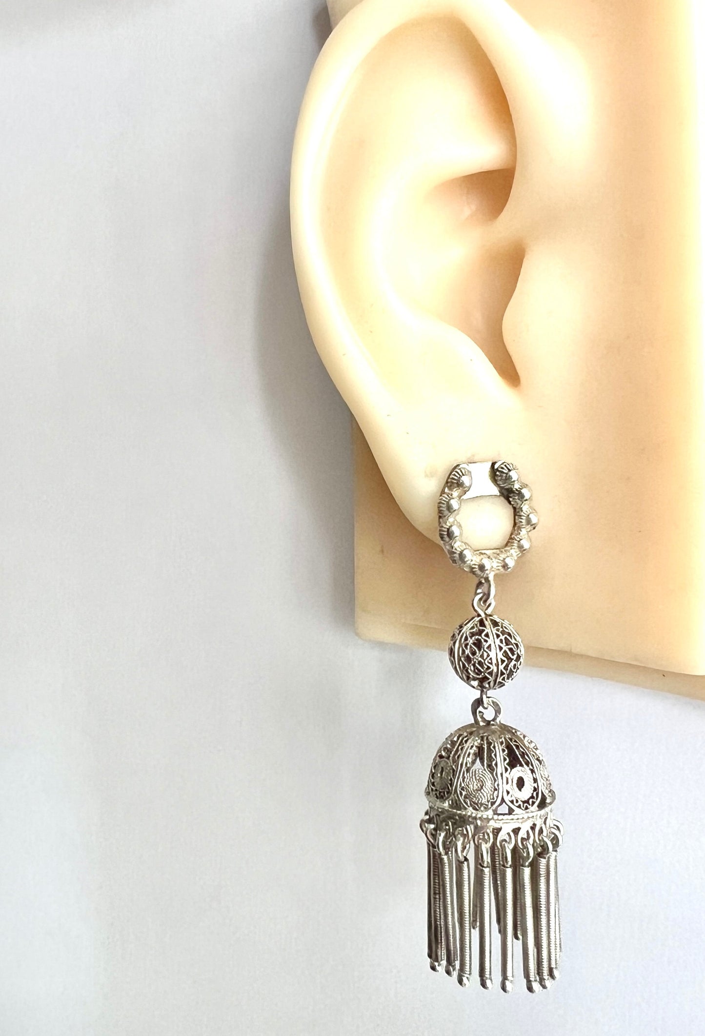 Antique Silver Filigree Tassel Chandelier Earrings