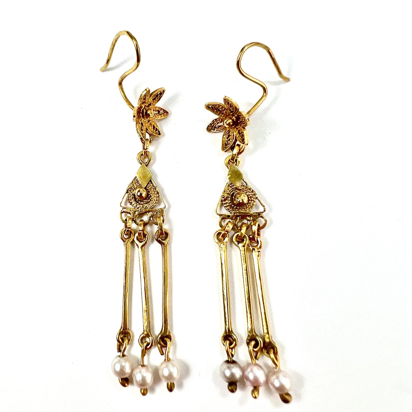 Vintage Gold Filigree Flower Drop Pearl Earrings