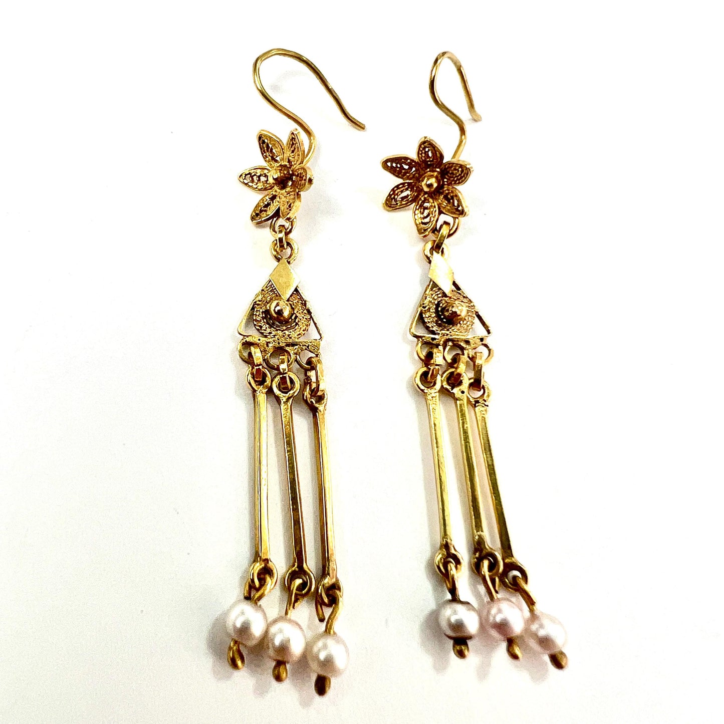 Vintage Gold Filigree Flower Drop Pearl Earrings