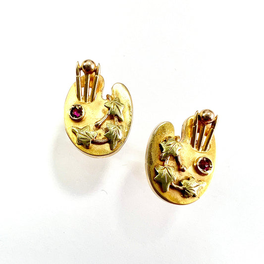 Rare Victorian Ruby 9CT Gold Artists Palette Earrings