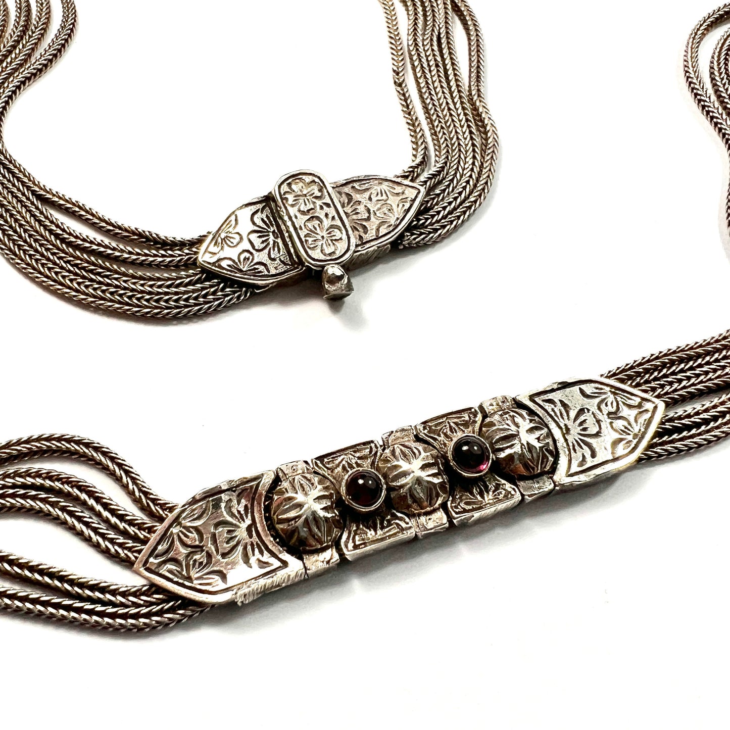 Vintage Garnet and Sterling Silver Byzantine Chain Necklace, Earrings, Bracelet