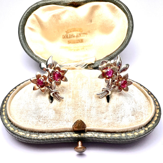 Vintage 9CT Gold Ruby Flower Earrings by Cropp & Farr