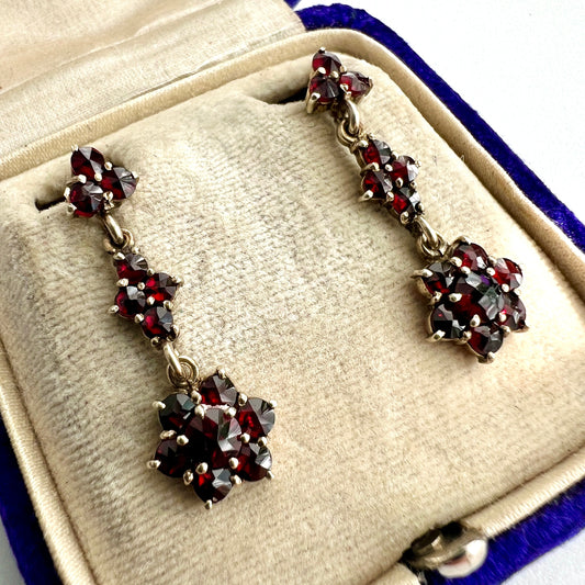 Vintage Bohemian Garnet Flower Cluster Drop Earrings