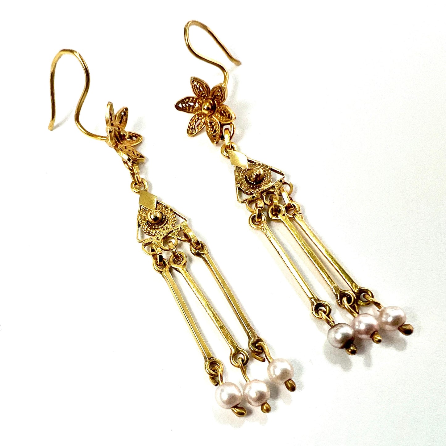 Vintage Gold Filigree Flower Drop Pearl Earrings