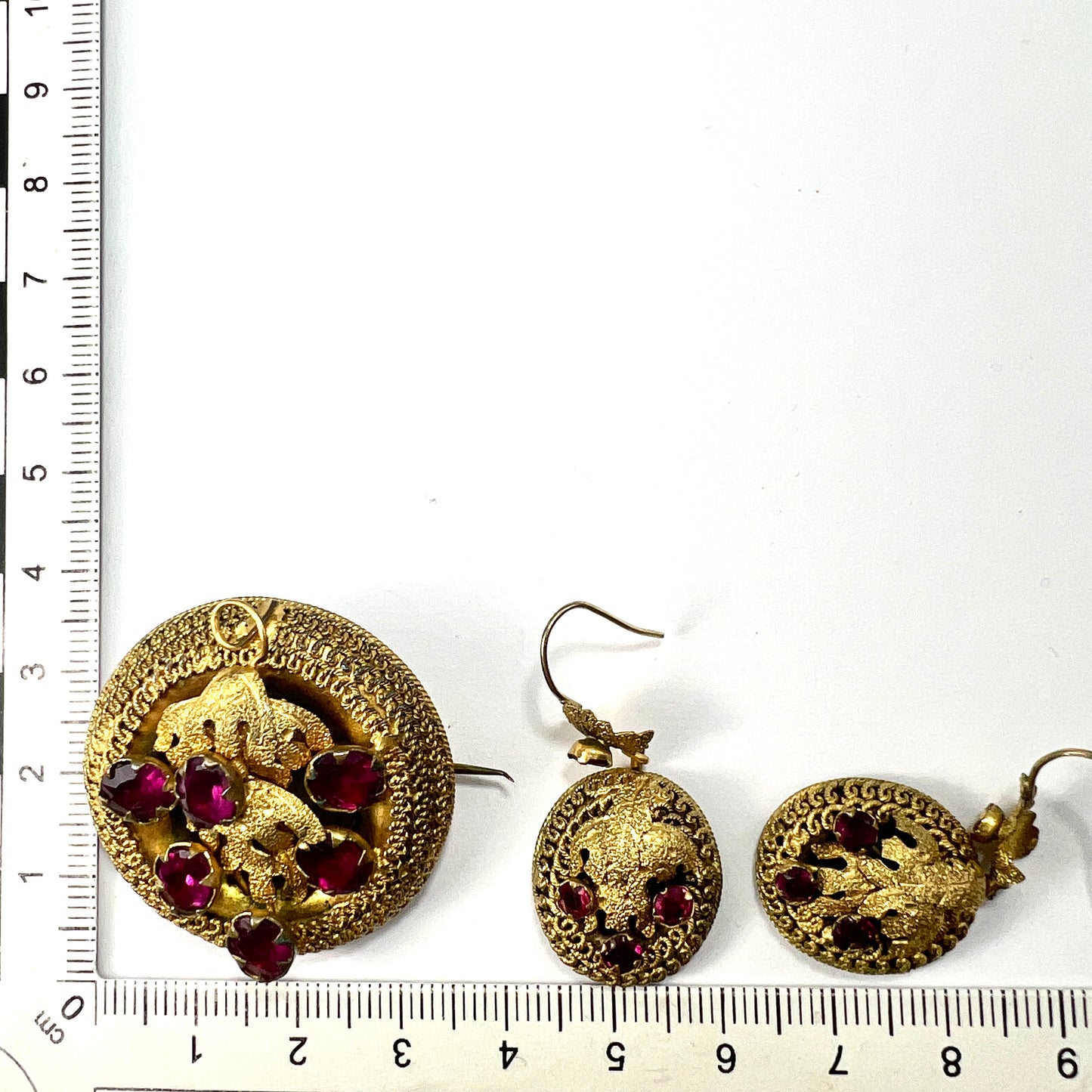 Victorian Etruscan Revival Paste Garnet Gilt Demi Parure Earrings and Brooch