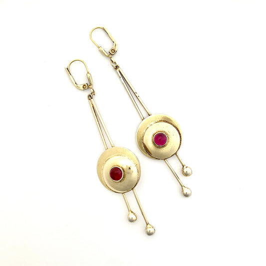 Vintage Modernist Silver Gilt Garnet Long Drop Earrings