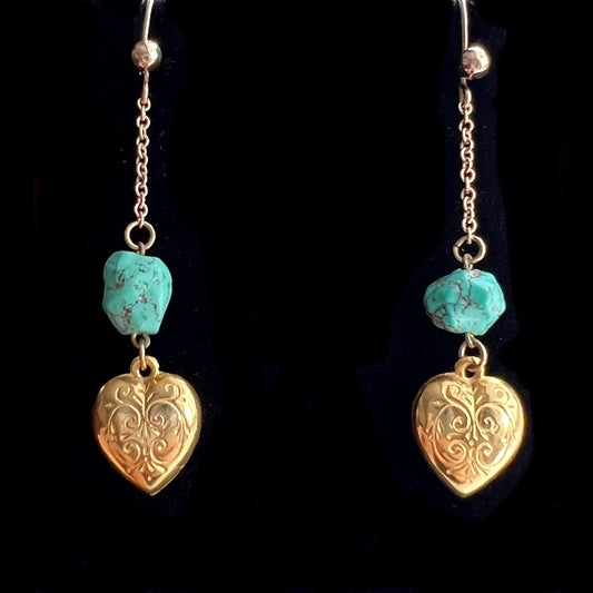 Vintage 9CT Gold Chain Drop Turquoise Heart Earrings