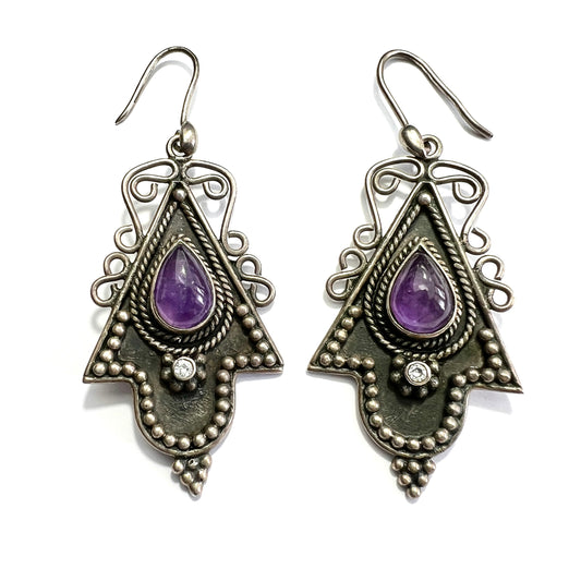 Vintage Indian Amethyst Silver Drop Earrings