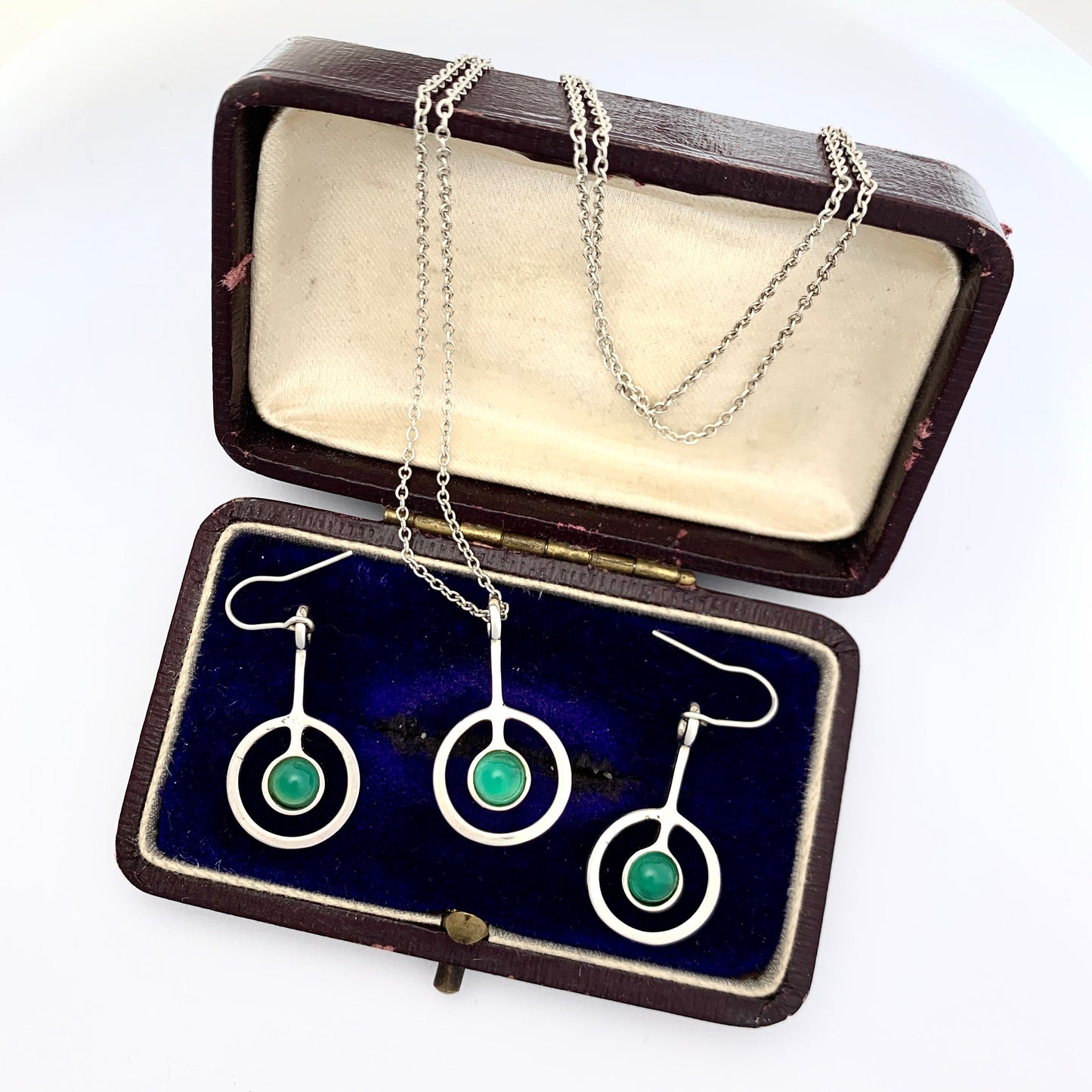 Vintage Scottish Silver Modernist Green Stone Earrings and Necklace