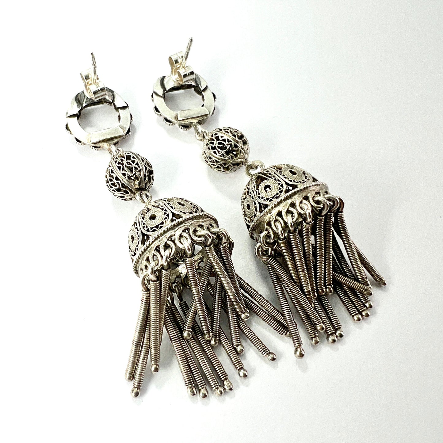 Antique Silver Filigree Tassel Chandelier Earrings