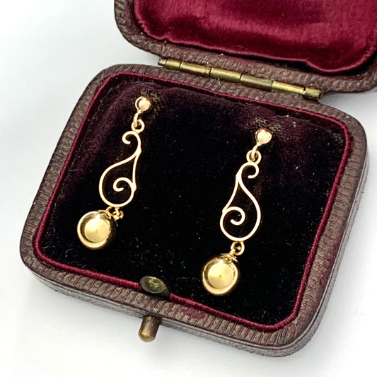 Vintage 9CT Gold Scroll and Ball Drop Earrings