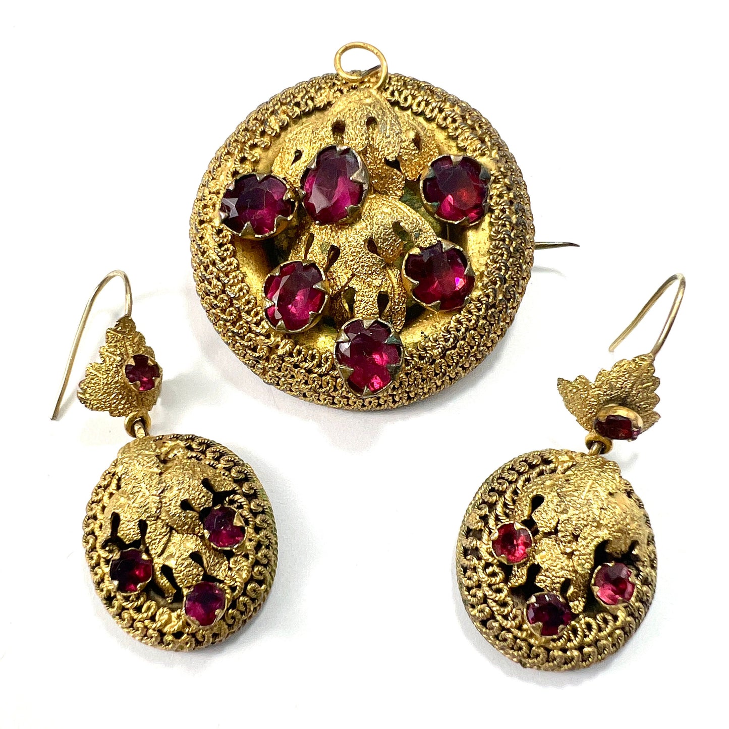 Victorian Etruscan Revival Paste Garnet Gilt Demi Parure Earrings and Brooch