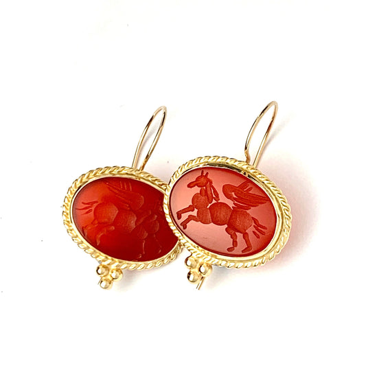 Vintage Winged Horse Carnelian Intaglio 14CT Gold Earrings