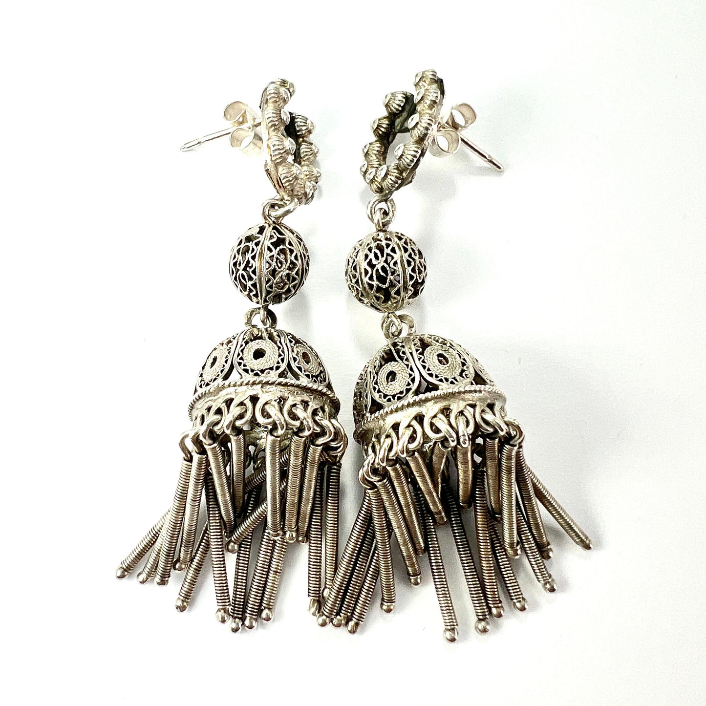 Antique Silver Filigree Tassel Chandelier Earrings