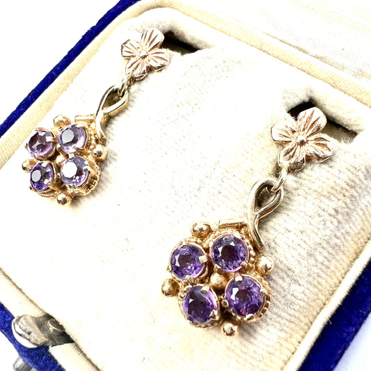 Vintage Amethyst 9CT Gold Flower Cluster Earrings