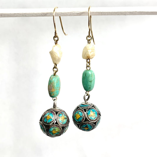 Antique Turquoise Enamelled 9CT Gold and Silver Baroque Pearl Earrings