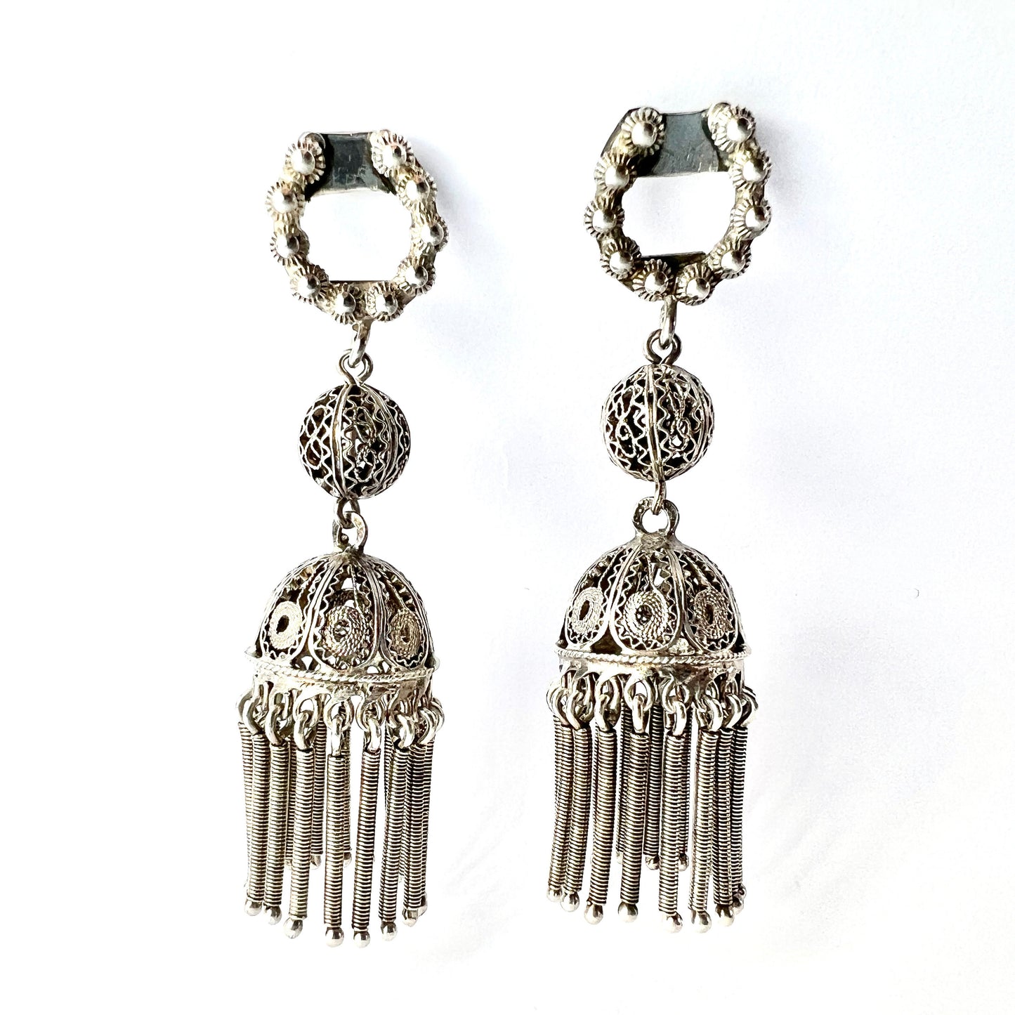 Antique Silver Filigree Tassel Chandelier Earrings