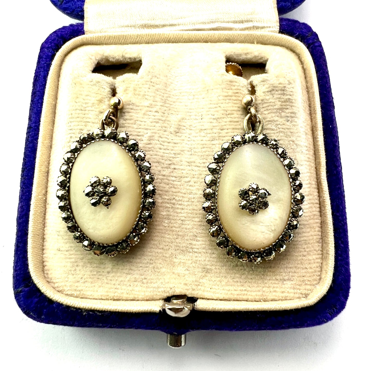 Georgian Silver and Gold Mother of Pearl Marcasite Drop Earrings