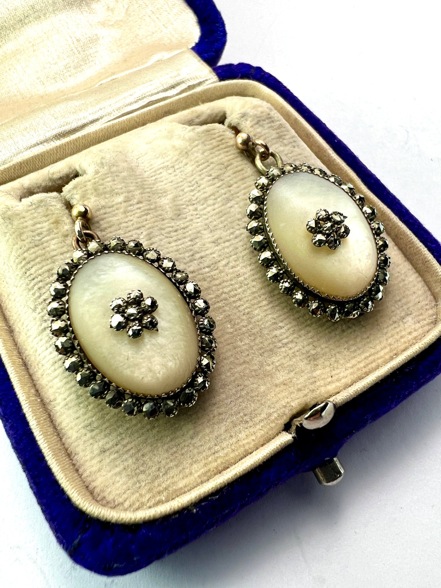 Georgian Silver and Gold Mother of Pearl Marcasite Drop Earrings