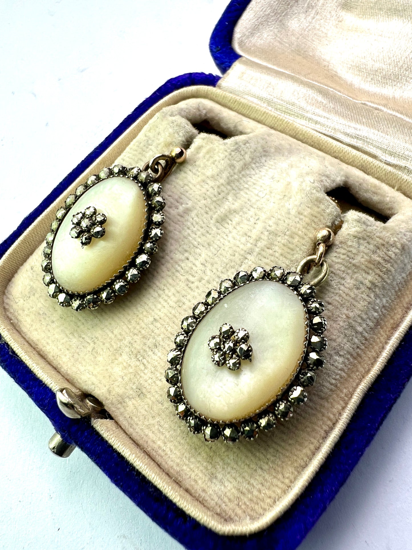 Georgian Silver and Gold Mother of Pearl Marcasite Drop Earrings