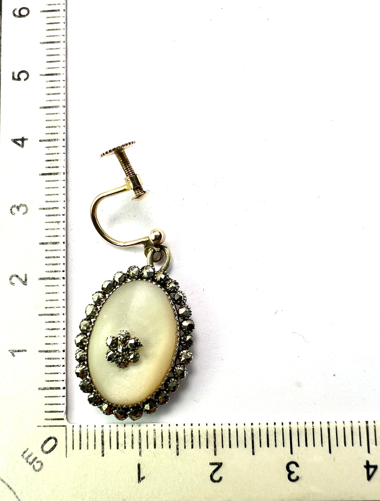 Georgian Silver and Gold Mother of Pearl Marcasite Drop Earrings