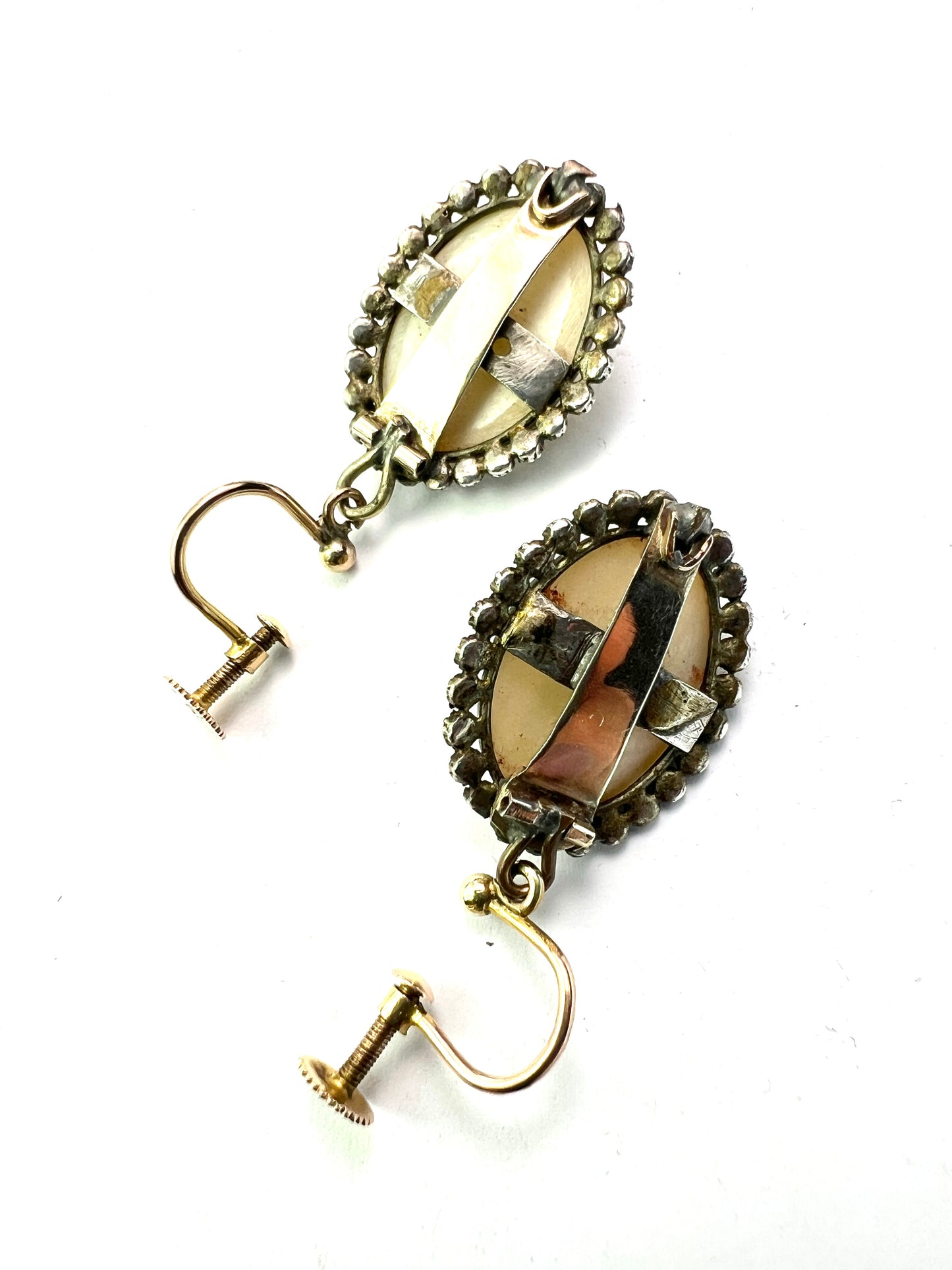 Georgian Silver and Gold Mother of Pearl Marcasite Drop Earrings