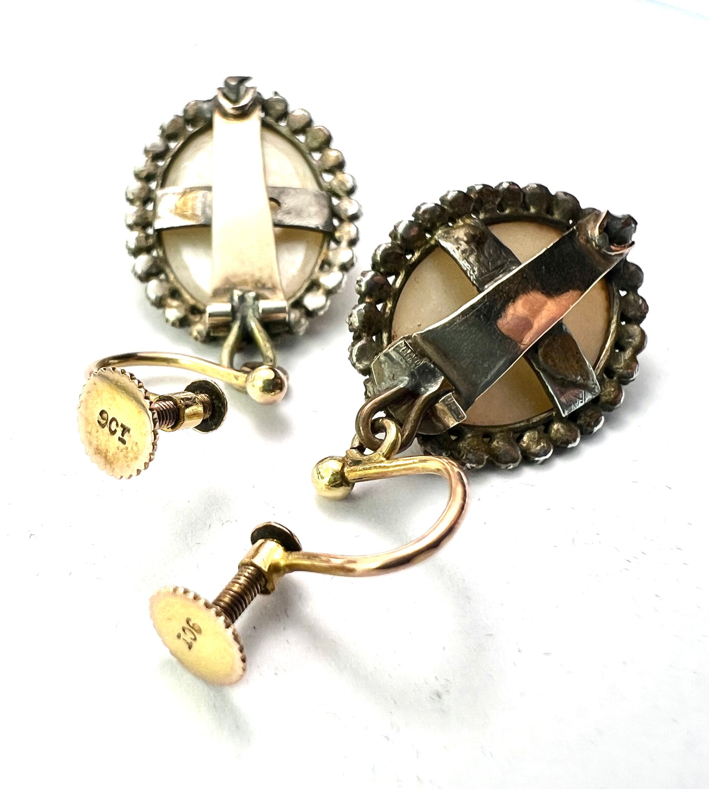 Georgian Silver and Gold Mother of Pearl Marcasite Drop Earrings
