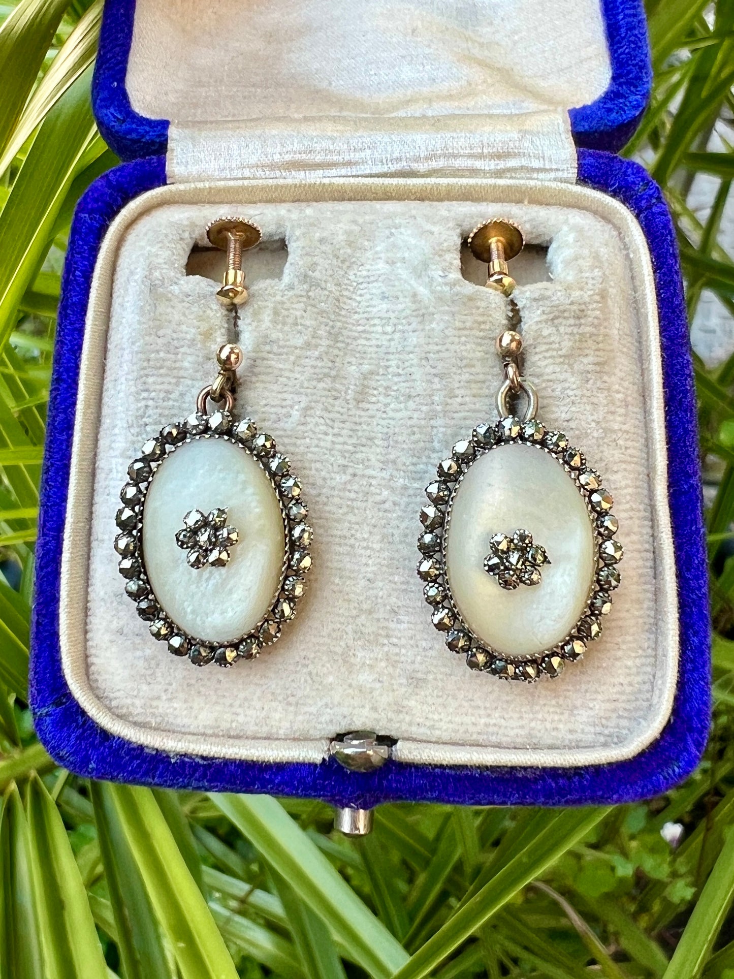 Georgian Silver and Gold Mother of Pearl Marcasite Drop Earrings
