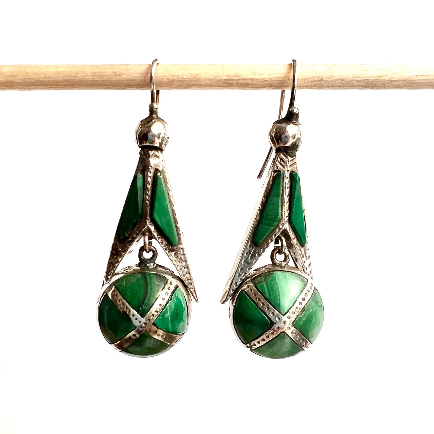 Victorian Scottish Malachite Silver Earrings and Brooch