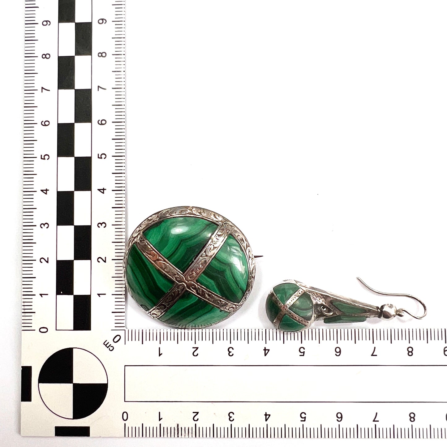 Victorian Scottish Malachite Silver Earrings and Brooch