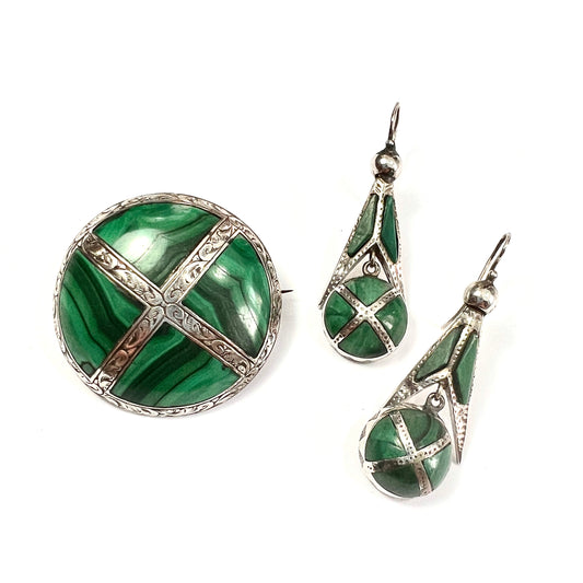 Victorian Scottish Malachite Silver Earrings and Brooch