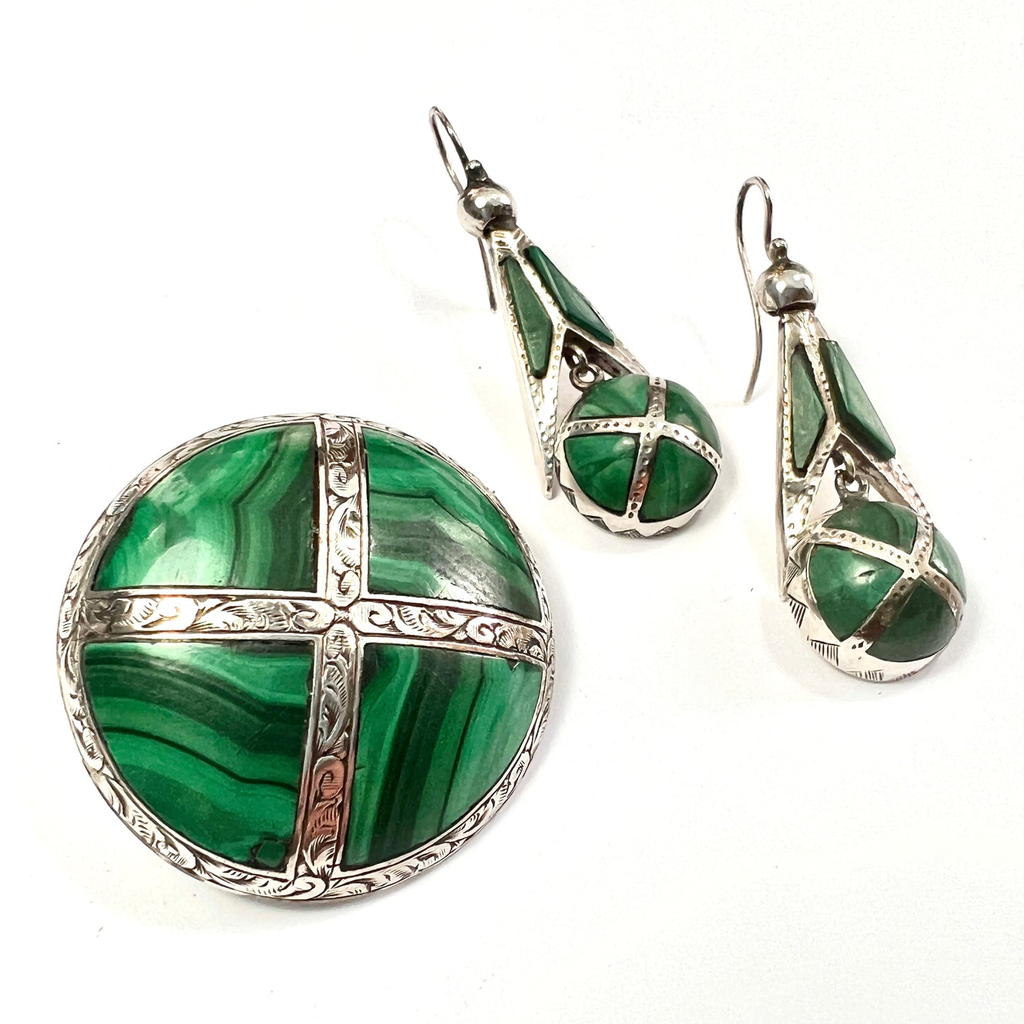 Victorian Scottish Malachite Silver Earrings and Brooch