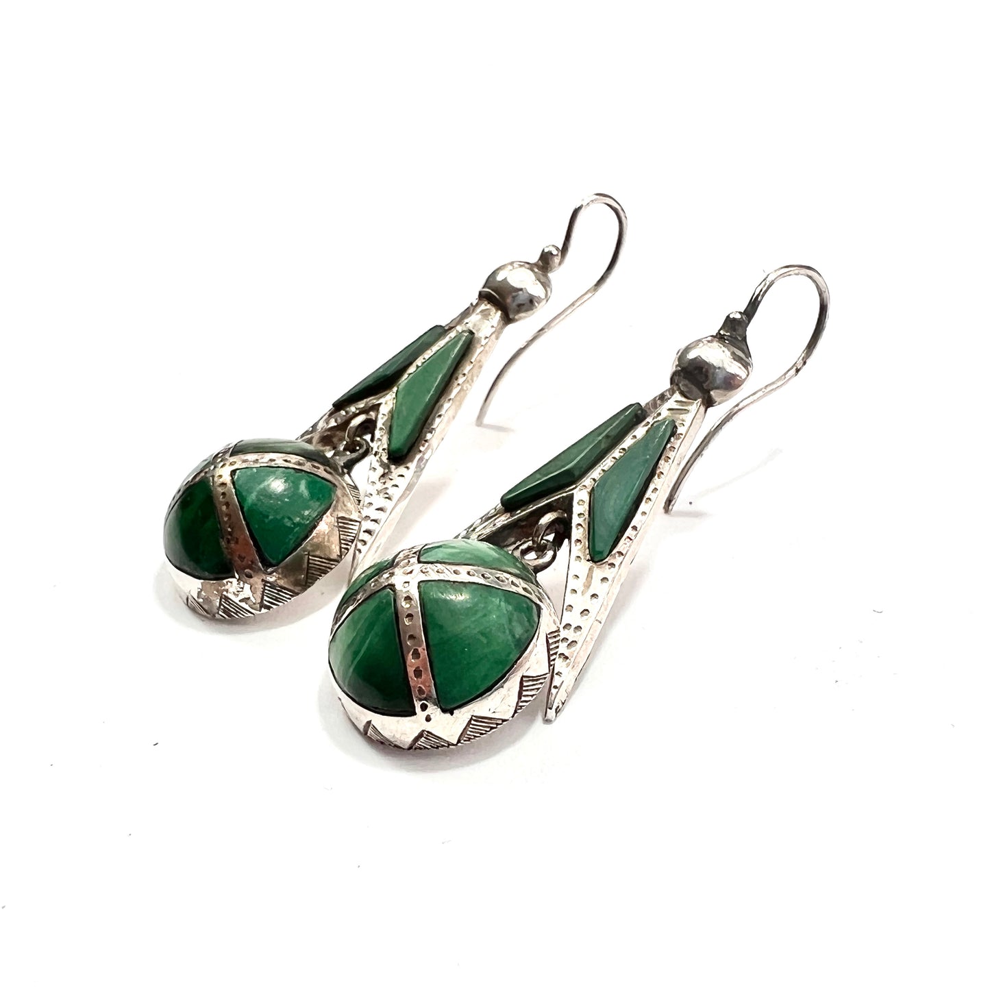 Victorian Scottish Malachite Silver Earrings and Brooch