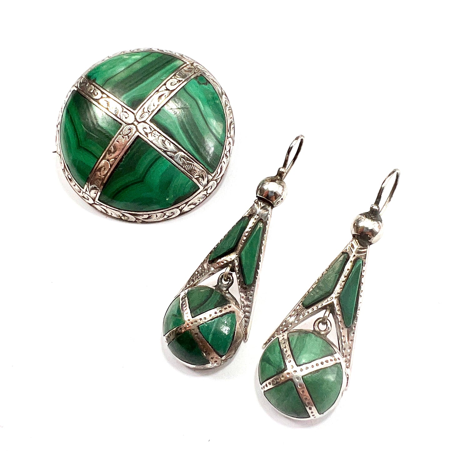 Victorian Scottish Malachite Silver Earrings and Brooch