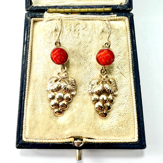 Vintage Coral Rose 9CT Gold Grape Earrings