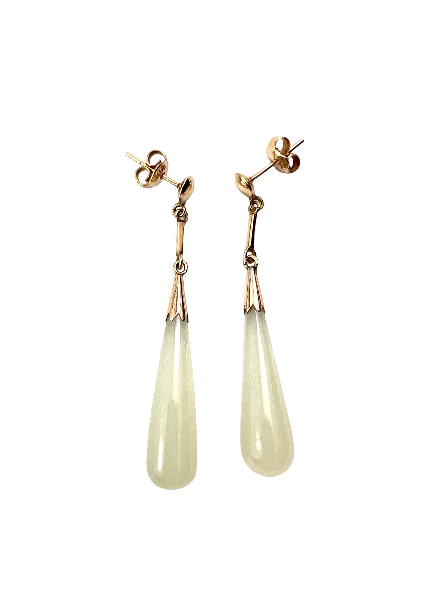 Vintage 14CT Gold White Jade Teardrop Earrings
