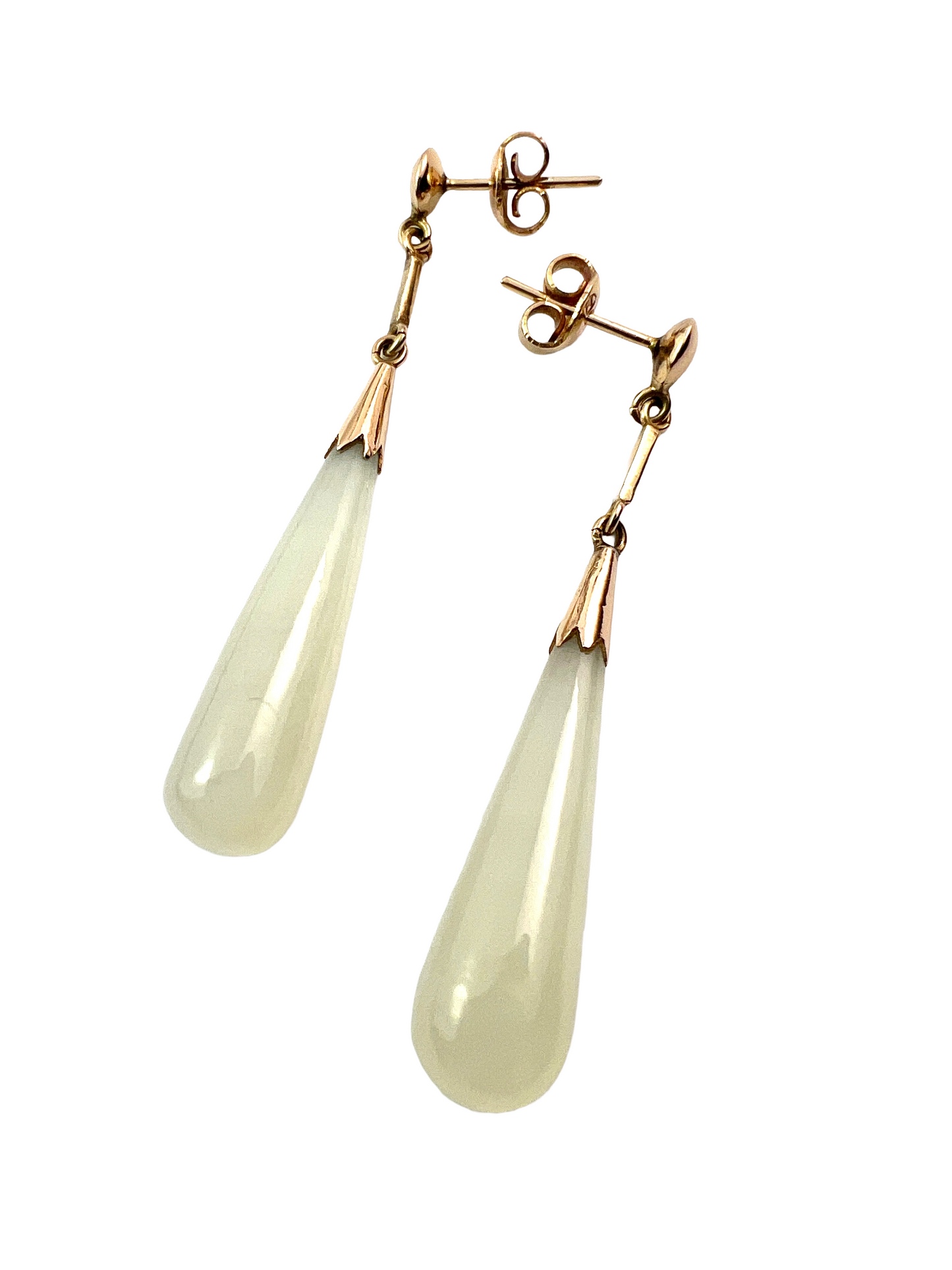 Vintage 14CT Gold White Jade Teardrop Earrings