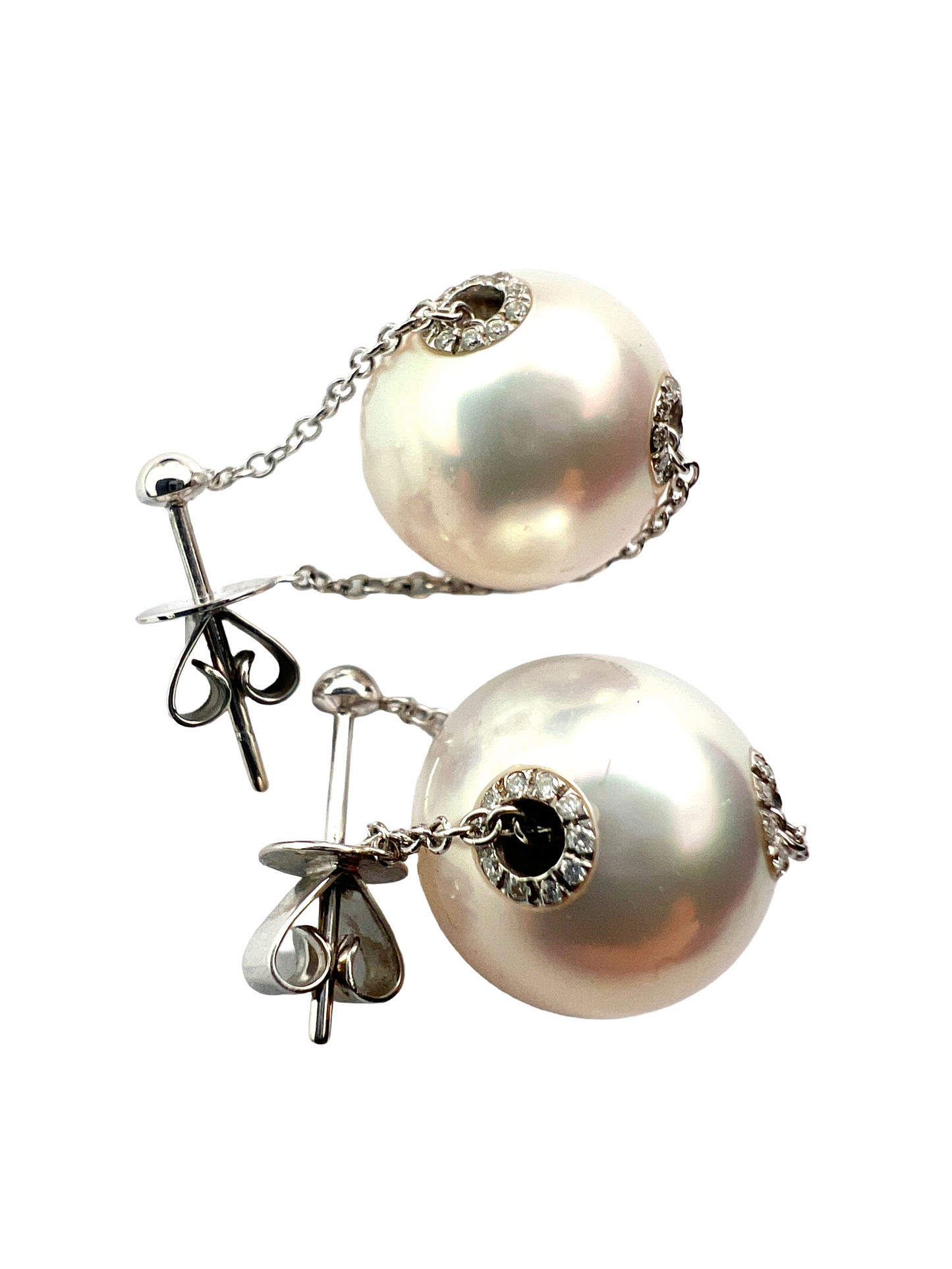 Vintage 18CT Gold Diamond and Pearl Threadthrough Chain Earrings