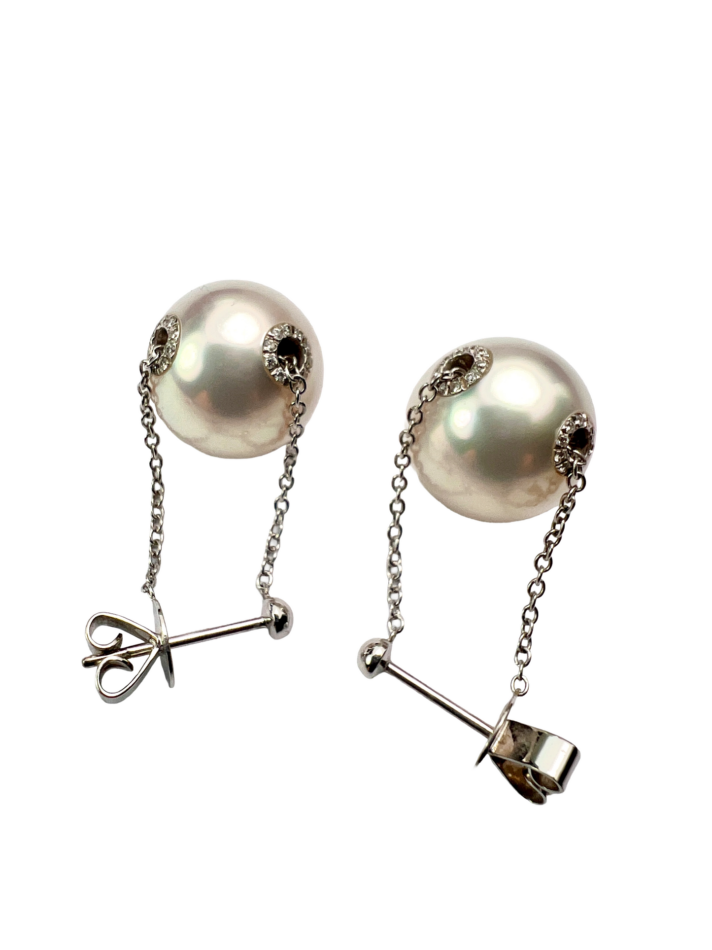 Vintage 18CT Gold Diamond and Pearl Threadthrough Chain Earrings