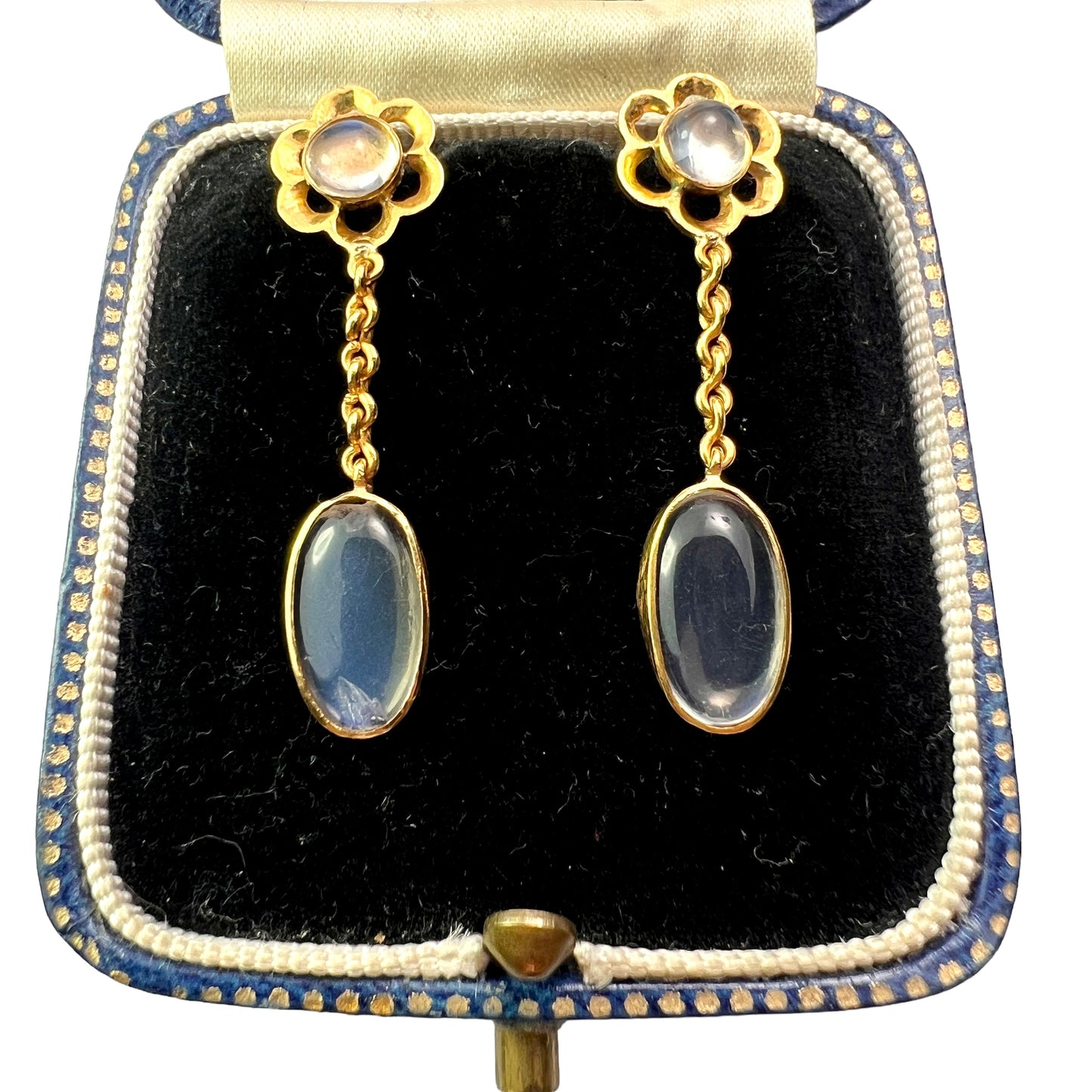 Vintage 20CT Gold Moonstone Flower Chain Drop Earrings