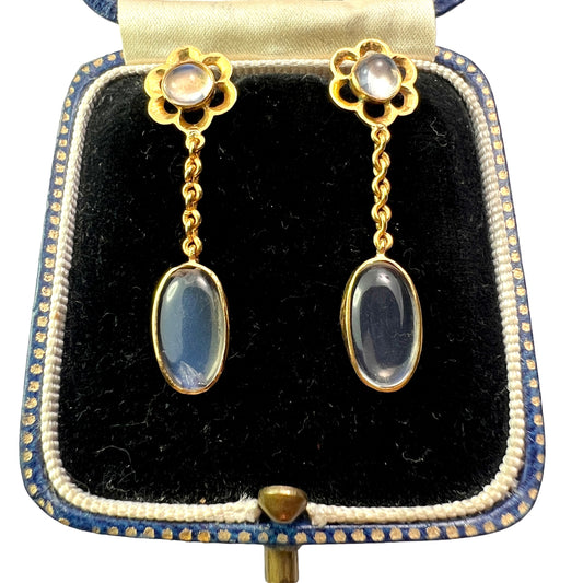 Vintage 20CT Gold Moonstone Flower Chain Drop Earrings