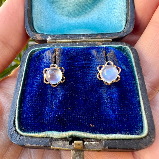 Vintage 9CT Gold Moonstone Flower Stud Earrings