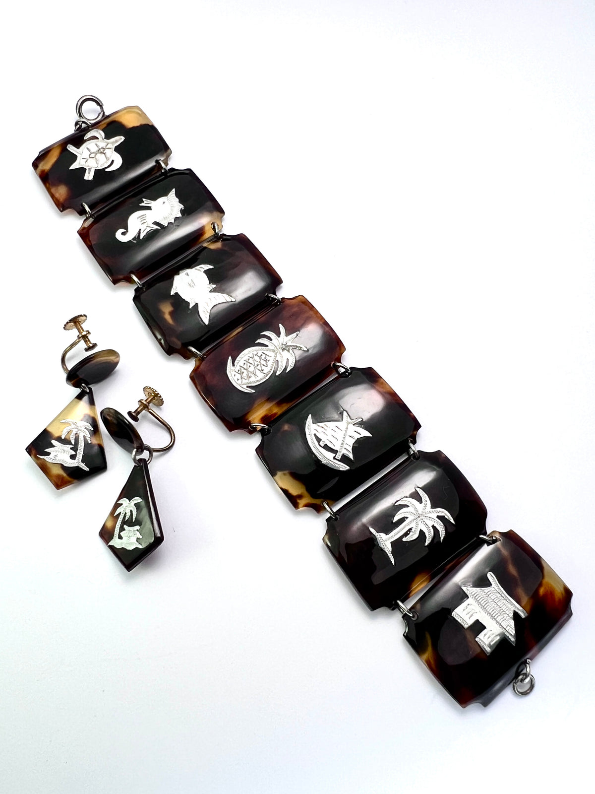 Vintage Silver Tortoiseshell Tropical Holiday Earrings and Bracelet