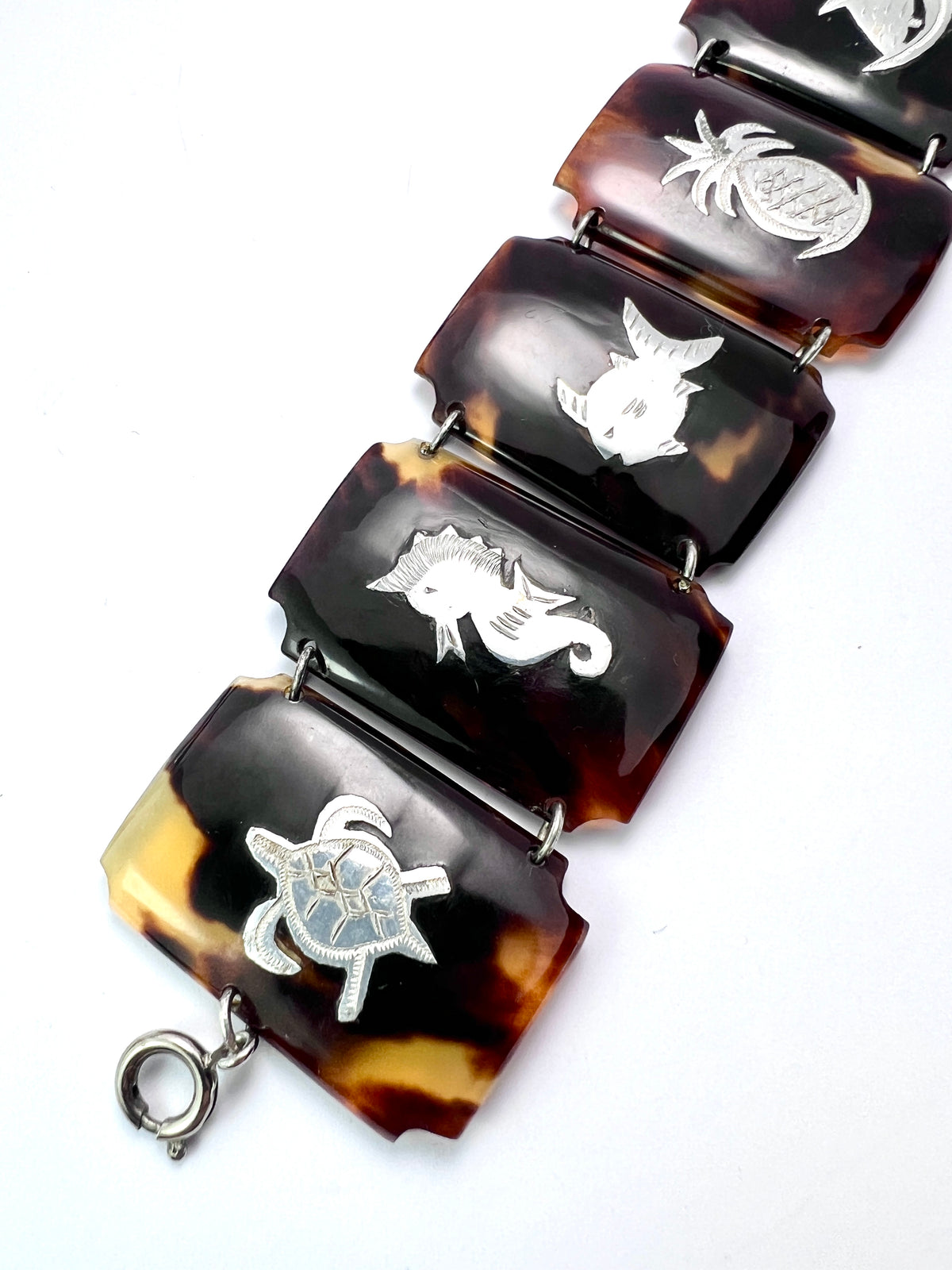Vintage Silver Tortoiseshell Tropical Holiday Earrings and Bracelet