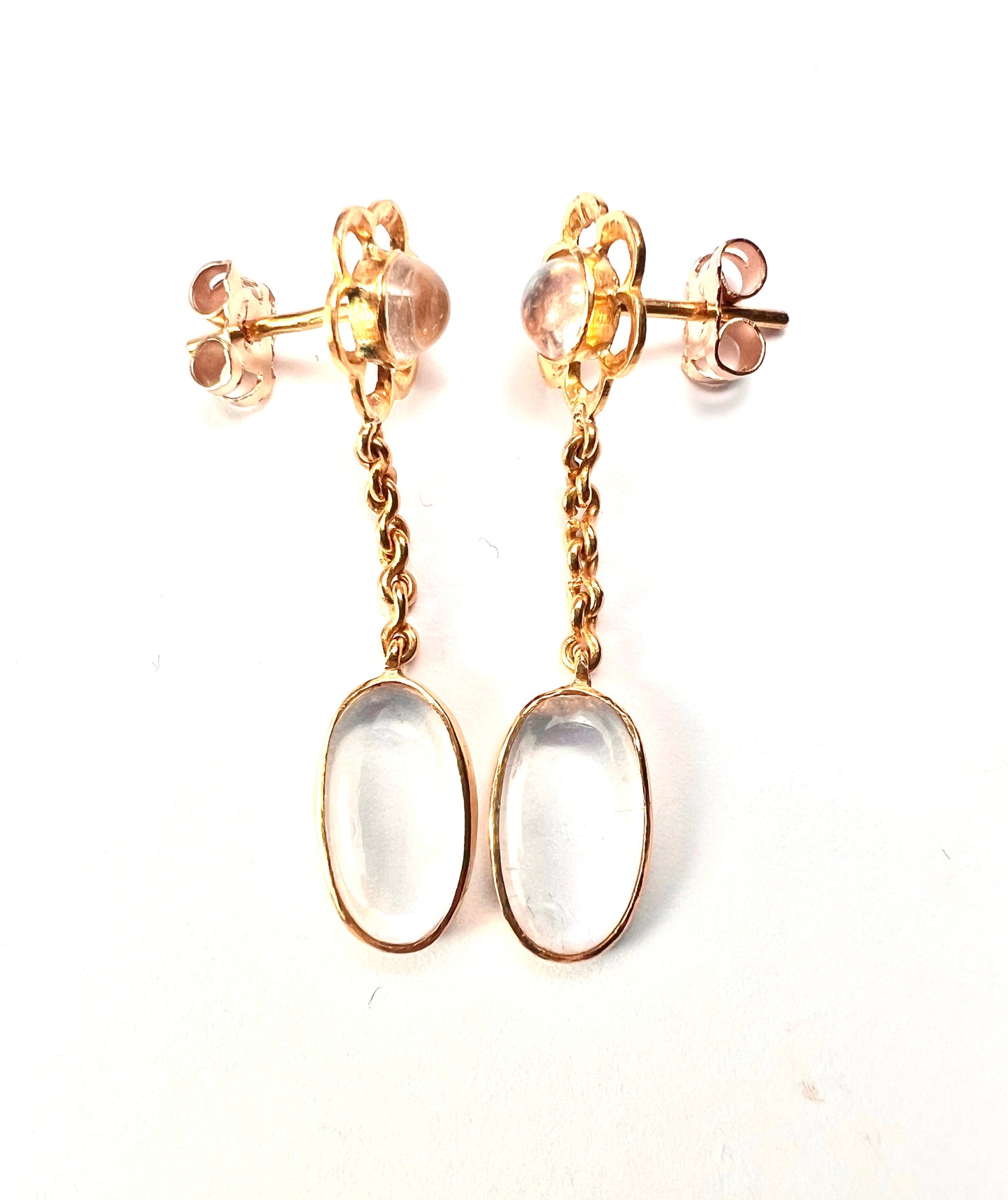 Vintage 20CT Gold Moonstone Flower Chain Drop Earrings