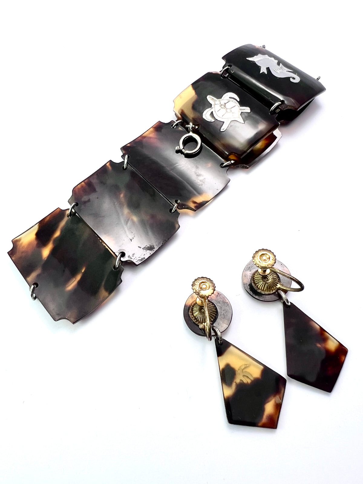 Vintage Silver Tortoiseshell Tropical Holiday Earrings and Bracelet