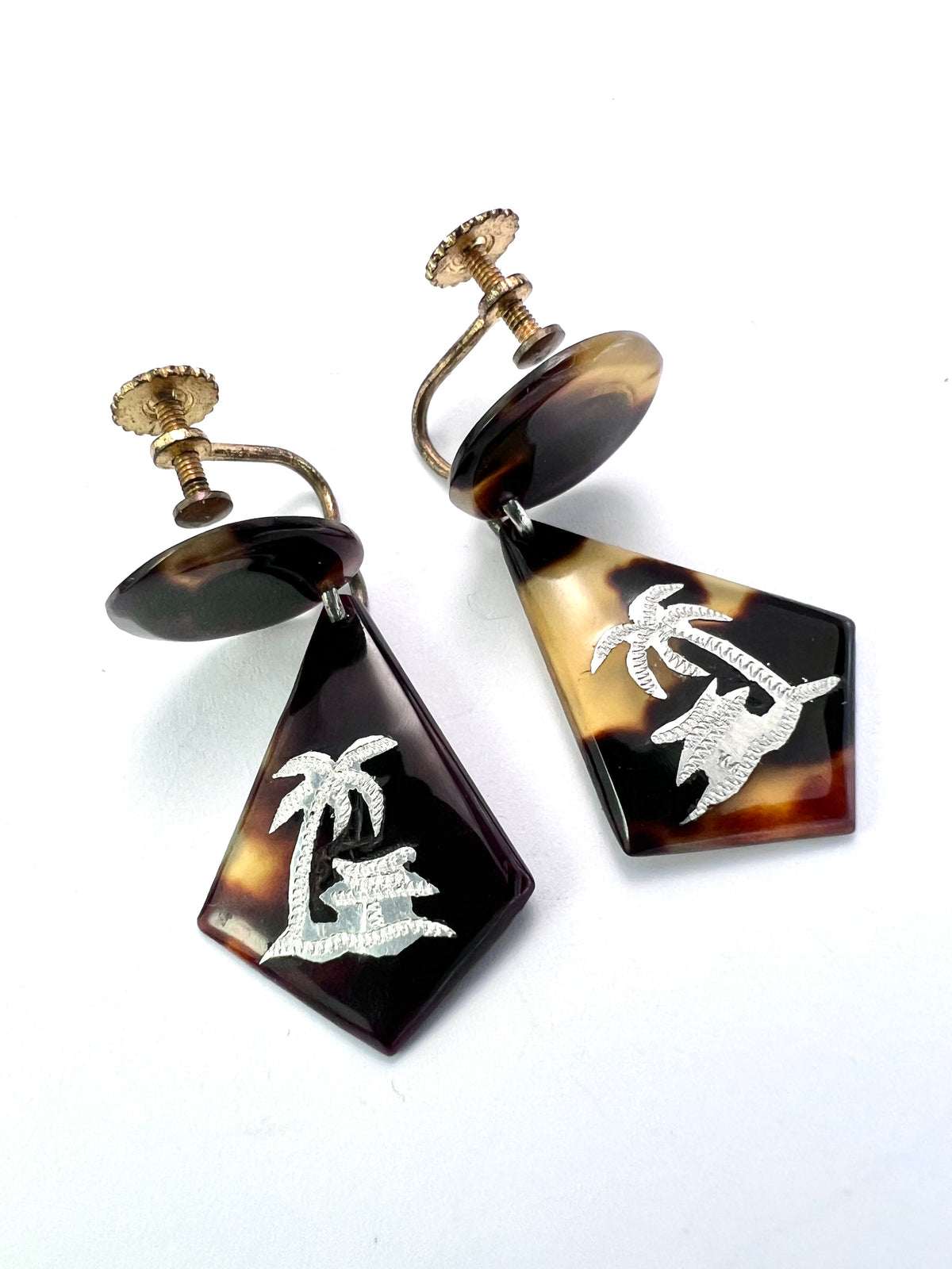Vintage Silver Tortoiseshell Tropical Holiday Earrings and Bracelet