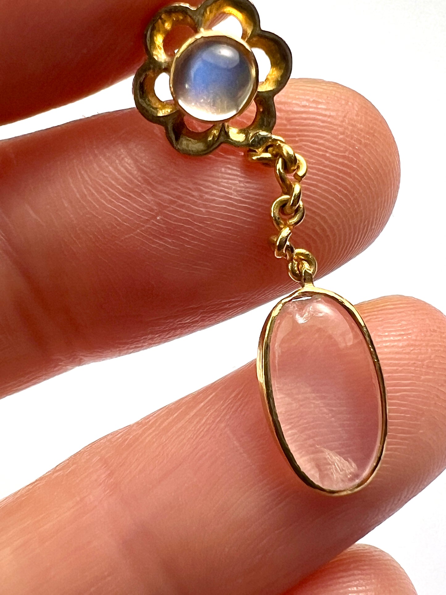 Vintage 20CT Gold Moonstone Flower Chain Drop Earrings