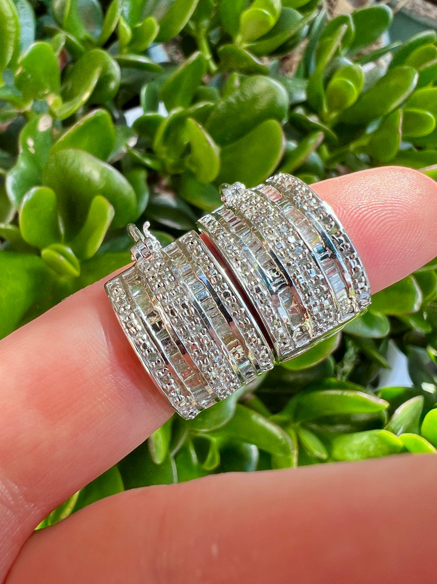 Wide Vintage Diamond Silver Hoop Earrings