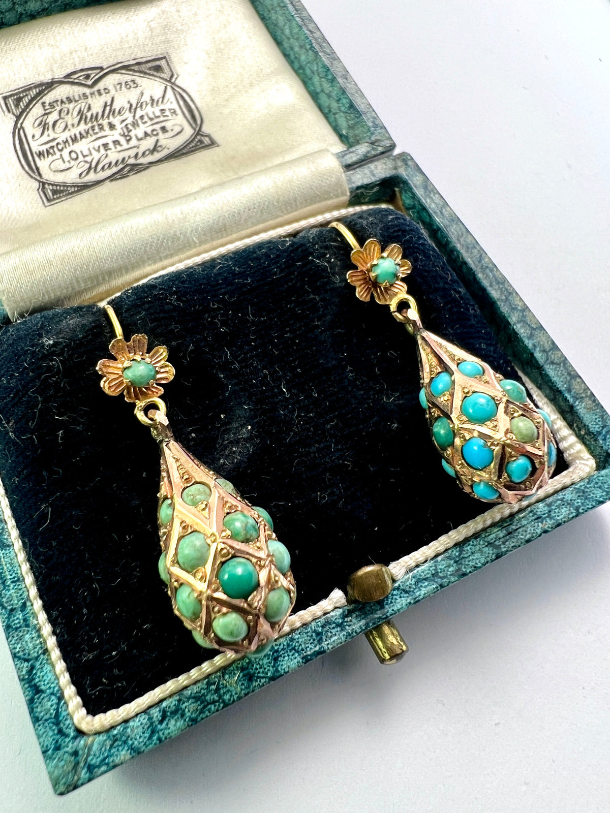 Victorian Gold Turquoise Dangling Teardrop Flower Earrings